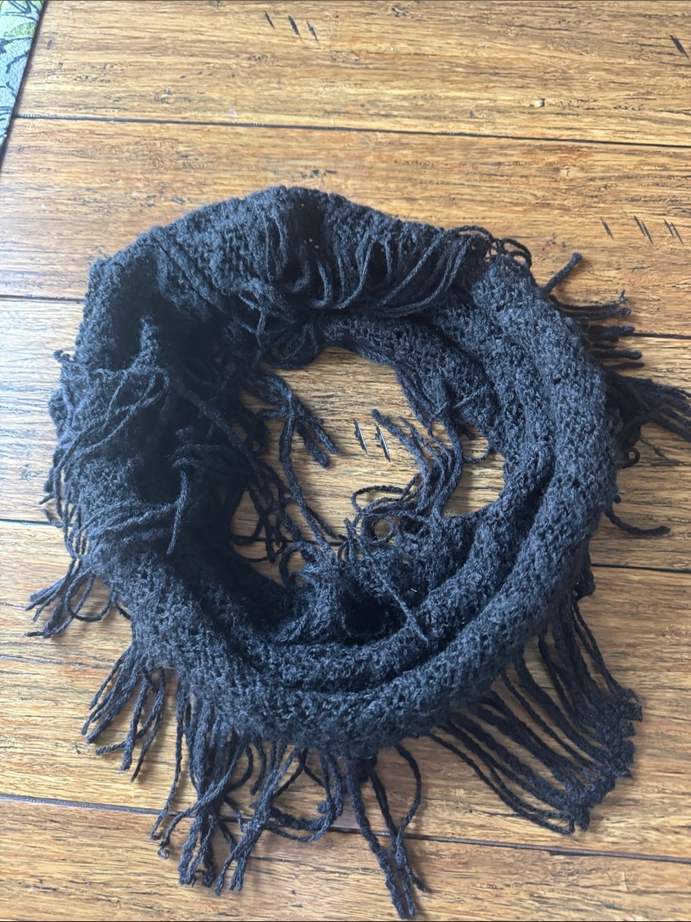 Cozy Black Fringed Knit Infinity Scarf